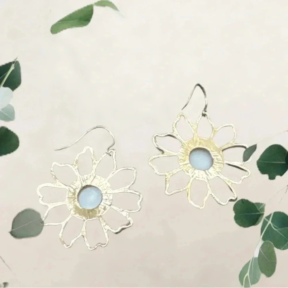 NWT 1” Gold Dangling Daisy Earrings With Faux Pearl Core - Picture 2 of 3